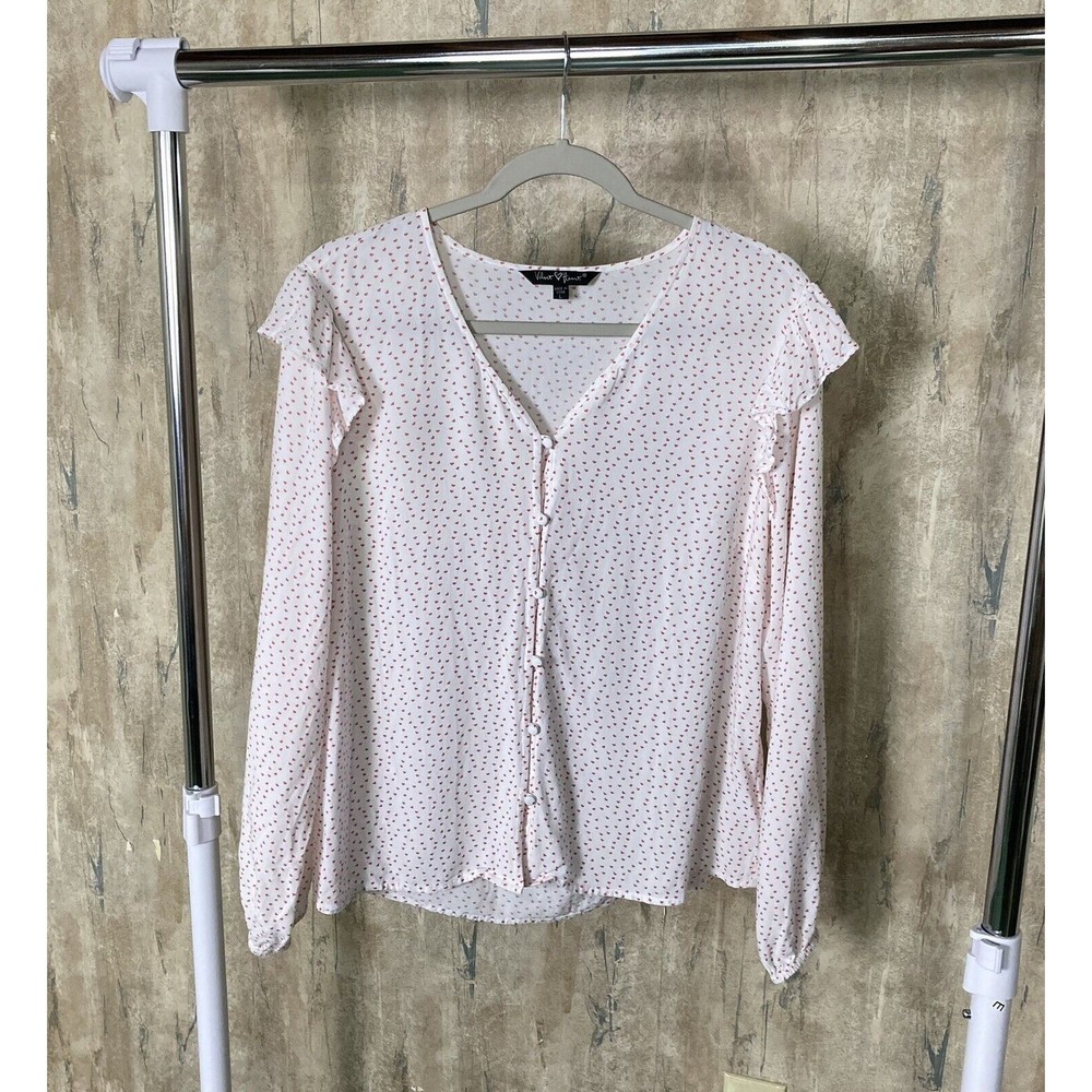 Velvet Heart White & Pink Valentine Day Heart Button Blouse Sz Large